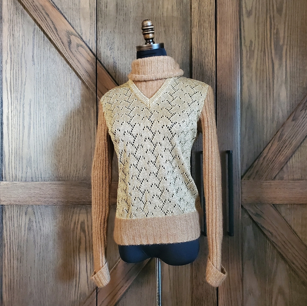 Moschino Couture Tan Merino Gold Lame Turtleneck - Picture 1 of 6